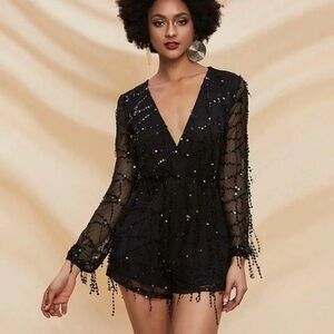 Black Sequin Long Sleeve Romper